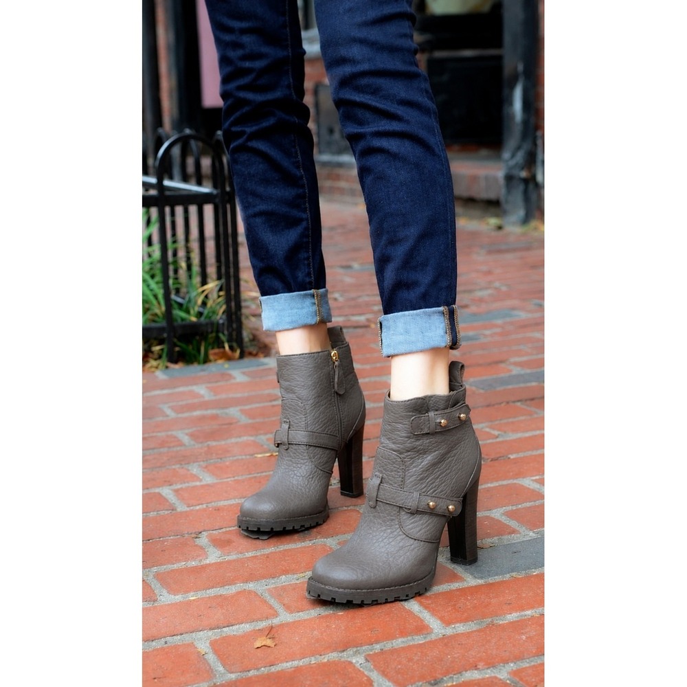 Tory Burch "Landers" Moto Booties - Size 9.5 Authentic Grey Leather